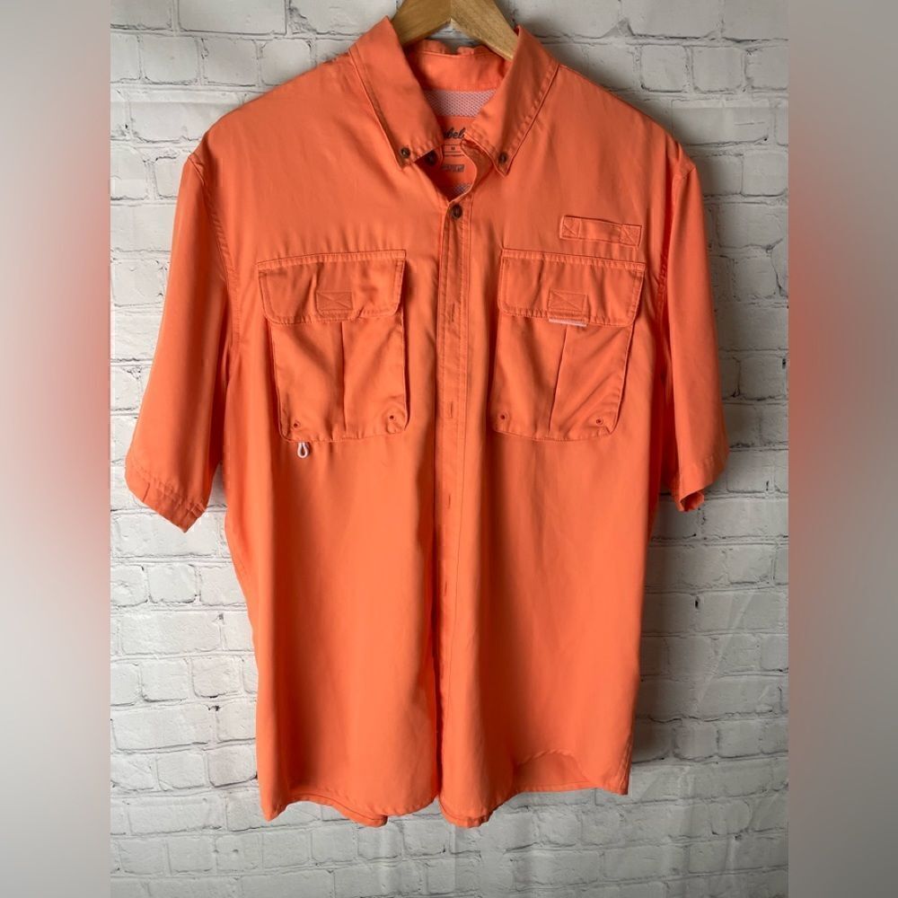 Cabela's Fishing Shirt Mens Size M Vented Quick Dry Rod Holder Salmon Orange